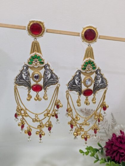 KASHMIRI  STATEMENT EARRING DUAL TONE  STONE - RED