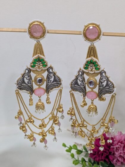 KASHMIRI  STATEMENT EARRING DUAL TONE  STONE - PINK
