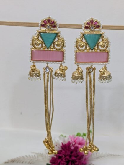 KASHMIRI  STATEMENT EARRING  STONE - PINK TEAL