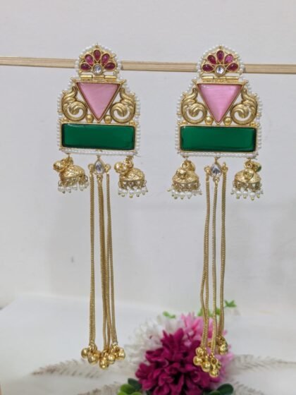 KASHMIRI  STATEMENT EARRING  STONE -GREEN PINK