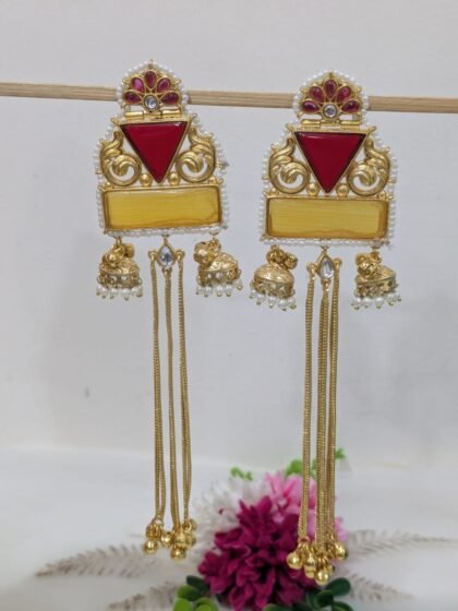 KASHMIRI  STATEMENT EARRING  STONE -YELLOW  RED