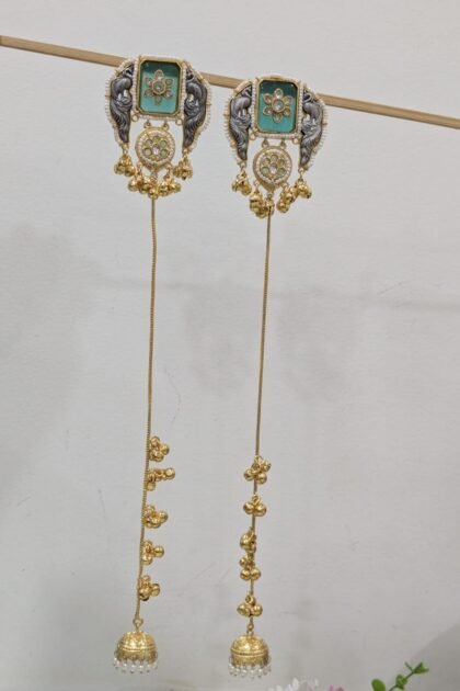 KASHMIRI  STATEMENT EARRING DUAL TONE STONE TEAL GREEN