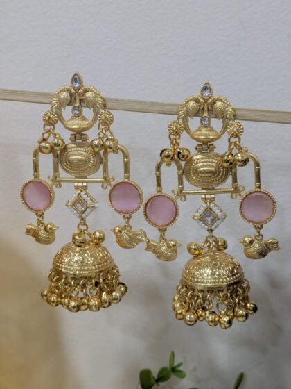 KASHMIRI  JHUMKA EARRING   STONE - PINK